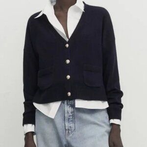 Massimo Dutti Navy Cashmere Wool Blend V Neck Cardigan With Gold Button Details